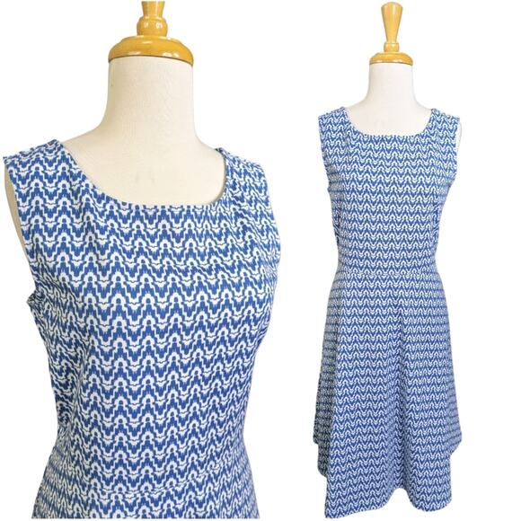 Talbots Dresses & Skirts - Talbots Dress Large Blue White Ikat Print Fit Flare Sleeveless Career Office Wea